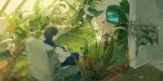  1girl abandoned black_hair blue_sailor_collar blue_skirt chair controller crt dated flower game_console game_controller highres holding holding_controller holding_game_controller indoors long_sleeves moss original overgrown plant playing_games playstation_2 sailor_collar school_uniform serafuku shirt sitting skirt solo television white_flower white_shirt xilmo 