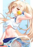  1girl :o absurdres alternate_costume ayanami_(azur_lane) azur_lane ball bare_shoulders blonde_hair blue_panties blue_skirt blush breasts commentary_request covered_nipples cropped_shirt hair_between_eyes hair_ornament hairclip half-closed_eye hand_up headgear highres hip_focus holding holding_ball holding_tennis_racket long_hair marimo_daifuku medium_breasts microskirt navel no_bra orange_eyes panties pantyshot pleated_skirt ponytail racket shirt skirt sleeveless sleeveless_shirt solo stomach tennis_ball tennis_racket thighs underboob underwear upskirt very_long_hair white_shirt 