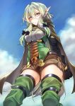  absurdres blue_sky boots brown_shorts butano_(star-dust_boxxx) cloak cloud elf gloves goblin_slayer! green_eyes green_hair high_elf_archer_(goblin_slayer!) highres hood hooded_cloak pointy_ears shorts sky thigh_boots thighhighs 