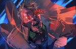  1boy bleeding blood blood_trail commentary crazy_eyes cyberpunk:_edgerunners cyberpunk_(series) extra_eyes glasses goddamnmushroom highres metal_jaw nosebleed notched_ear open_mouth red_eyes rimless_eyewear short_hair solo teeth tinted_eyewear weak_kingsley wide-eyed 
