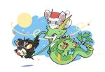  ^_^ animal_focus animalization antlers black_fur black_hair box closed_eyes emolga fake_horns flying full_body gift gift_box green_fur grey_eyes grey_fur hairband hat highres hilbert_(pokemon) hilda_(pokemon) horn_hairband horns jewelry looking_at_another mieaowu minccino n_(pokemon) necklace no_humans pokemon pokemon_(creature) pokemon_black_and_white ponytail red_hat red_nose santa_hat serperior simple_background snake standing white_background 