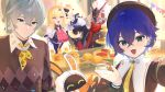  2boys 2girls aurelia_academy_school_uniform bangboo_(zenless_zone_zero) bare_shoulders belle_(brilliance_of_stars)_(zenless_zone_zero) belle_(zenless_zone_zero) billy_kid billy_kid_(starlight) black_hat black_jacket black_sweater blonde_hair blue_hair bracelet breasts closed_mouth clothed_robot commentary_request crossed_bangs cup detached_sleeves earrings eous_(zenless_zone_zero) food fur-trimmed_jacket fur_trim green_eyes grey_hair hair_between_eyes hat highres horns humanoid_robot jacket jewelry long_hair looking_at_viewer medium_breasts metal_wrist_cuffs multiple_boys multiple_girls neckerchief necktie official_alternate_costume open_mouth plate red_eyes red_scarf robot robot_boy scarf school_uniform short_hair smile snake_girl spiked_bracelet spiked_hair spikes steamed_bun sweater uixy underboob v white_hair wise_(oath_of_skies)_(zenless_zone_zero) wise_(zenless_zone_zero) yellow_eyes yellow_neckerchief yellow_necktie zenless_zone_zero 