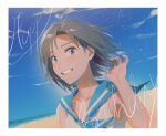  1girl antenna_hair bare_arms bikini black_hair blue_sailor_collar border commentary_request day grey_eyes grin hand_up happy_birthday highres idolmaster idolmaster_(classic) kikuchi_makoto looking_at_viewer mihen outdoors sailor_bikini sailor_collar sailor_swimsuit_(idolmaster) short_hair smile solo swimsuit upper_body white_bikini white_border 