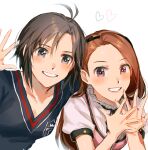  2girls antenna_hair black_hair black_hairband black_shirt brown_hair commentary_request fingernails grey_eyes grin hairband heart highres idolmaster idolmaster_(classic) kikuchi_makoto long_hair looking_at_viewer mihen minase_iori multiple_girls pink_eyes shirt short_hair short_sleeves side-by-side simple_background smile upper_body white_background 