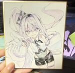  absurdres ai-chan_(arcaea) arcaea bare_shoulders black_bow black_bowtie black_leotard black_shorts bow bowtie closed_mouth collared_shirt covered_navel cowboy_shot crop_top detached_sleeves diamond-shaped_pupils diamond_(shape) gloves highres leotard long_hair long_sleeves looking_at_viewer miyu_(miy_u1308) outstretched_hand ponytail purple_eyes purple_hair shikishi shirt shorts simple_background sleeveless sleeveless_shirt sparkling_eyes symbol-shaped_pupils thigh_strap traditional_media white_background white_gloves white_sleeves wide_sleeves 