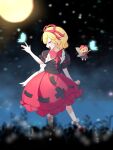  2girls alta_gaooo black_shirt black_skirt blonde_hair bow bubble_skirt bug butterfly closed_eyes commentary_request fairy_wings flower frilled_shirt_collar frilled_skirt frills full_body full_moon highres lily_of_the_valley medicine_melancholy mini_person minigirl moon multiple_girls nameless_hill night open_mouth puffy_short_sleeves puffy_sleeves red_bow red_ribbon red_shirt ribbon shirt short_hair short_sleeves skirt su-san touhou wings 