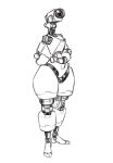  1girl absurdres arms_behind_back cable camera commentary english_commentary faux_traditional_media full_body greyscale highres humanoid_robot joints looking_ahead monochrome no_humans object_head onni_vanilla original pear-shaped_figure robot robot_girl robot_joints science_fiction sketch solo standing thick_thighs thighs white_background wide_hips 
