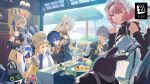  1boy 5girls absurdres animal_ears apron bangboo_(zenless_zone_zero) belle_(brilliance_of_stars)_(zenless_zone_zero) belle_(zenless_zone_zero) blonde_hair blue_eyes breasts cellphone commentary english_commentary food grey_hair hair_over_one_eye highres horse_ears horse_girl horse_tail large_breasts long_hair looking_at_viewer maid maid_apron maid_headdress multiple_girls norma_hollowell official_alternate_costume official_art open_mouth phone pointy_ears ponytail purple_eyes remielle_dan sigrid_de_l'azur smile tail tea velina_airgid wise_(oath_of_skies)_(zenless_zone_zero) wise_(zenless_zone_zero) zenless_zone_zero 