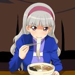  a1 absurdres bowl chopsticks eating food highres holding holding_chopsticks idolmaster idolmaster_(classic) long_hair non-web_source noodles pink_eyes ramen shijou_takane silver_hair solo sweat 