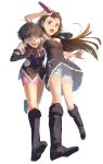  2girls :d ^_^ antenna_hair arm_up bangs_pinned_back bare_shoulders black_boots black_dress black_gloves black_hair boots brown_hair closed_eyes commentary_request cute_&amp;_girly_(idolmaster) dress earrings elbow_gloves floating_hair full_body gloves gothic_princess_(idolmaster) hairband highres holding holding_microphone idolmaster idolmaster_(classic) idolmaster_1 jewelry kikuchi_makoto long_hair microphone mihen minase_iori multiple_girls official_alternate_costume open_mouth red_eyes short_hair simple_background smile v-shaped_eyebrows white_background 