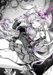  1girl animal_ears blazer bra broken_glass chinese_commentary commentary_request eye_trail full_moon glass greyscale groin helmet highres injury jacket laser light_trail long_hair long_sleeves midriff_peek monochrome moon navel necktie pleated_skirt purple_eyes purple_hair purple_necktie qingwa_chi_she rabbit_ears rabbit_girl reisen_udongein_inaba shirt shoes skirt smile solo space space_helmet spot_color thighhighs torn_clothes torn_jacket torn_thighhighs touhou underwear very_long_hair 