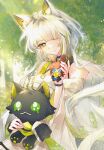  1girl amiya_(arknights) animal_ear_fluff animal_ears arknights bare_shoulders cat_ears cat_girl character_doll chinese_commentary closed_mouth commentary_request day doll dress green_background green_eyes grey_hair hair_over_one_eye highres holding holding_stuffed_toy kal'tsit_(arknights) kal'tsit_esperanta_(arknights) long_hair long_sleeves looking_at_viewer mon3tr_(arknights) outdoors qianheyian smile solo stuffed_animal stuffed_cat stuffed_toy sunlight tree white_dress 