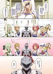  5girls arm_up armor blindfold blonde_hair blue_eyes blush braid breasts cleavage comic cow_girl_(goblin_slayer!) darkmaya elf goblin_slayer! green_eyes green_hair guild_girl_(goblin_slayer!) high_elf_archer_(goblin_slayer!) large_breasts low_twintails multiple_girls open_mouth pointy_ears priestess_(goblin_slayer!) red_eyes red_hair speech_bubble staff sword_maiden text_focus translation_request twintails veil 