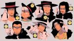  1boy animal_on_head animal_on_shoulder bandaged_head bandages bird bird_on_head bird_on_shoulder black_hair black_shirt closed_mouth commentary_request dove facial_hair goatee green_eyes grid_teeth grimace hat hattori_(one_piece) highres long_hair male_focus multiple_views necktie on_head one_piece rob_lucci shirt squeans sutaneko tongue tongue_out top_hat white_hat white_necktie yellow_shirt 