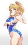  1girl :o ass blonde_hair blue_eyes blue_one-piece_swimsuit blush breasts collarbone commentary_request finger_under_clothes gundam gundam_arsenal_base gundam_build_fighters gundam_build_fighters_try hand_up highres hoshino_fumina large_breasts long_hair looking_at_viewer nagayori nail_polish official_alternate_costume one-piece_swimsuit parted_lips pink_scrunchie ponytail pulling_own_clothes scrunchie sideboob sidelocks simple_background solo swimsuit thighs wet 