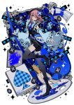  1girl absurdres amulet_spade belt beret black_boots black_hat black_shorts black_thighhighs blue_background blue_belt blue_necktie boots collared_shirt dark dark_persona detached_sleeves frilled_sleeves frills full_body giant_brush hair_ornament hat high_heel_boots high_heels highres hinamori_amu lace-up_boots looking_at_viewer magical_girl mu_(1729032449) necktie paint_palette pink_hair shirt short_hair shorts shugo_chara! signature solo spade_(shape) spade_hair_ornament standing standing_on_one_leg thighhighs white_shirt white_sleeves x-egg_(shugo_chara!) yellow_eyes 