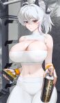  1girl absurdres alternate_breast_size_(larger) alternate_costume alternate_hairstyle atzza_a black_eyes breasts can cleavage commentary curled_horns fitness_gym gradient_eyes highres holding holding_can horns huge_breasts looking_at_viewer mole mole_on_breast multicolored_eyes navel pants parted_lips ponytail reaching reaching_towards_viewer red_eyes redrawn solo white_hair white_pants wuthering_waves yoga_pants zani_(wuthering_waves) 