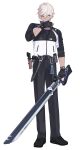 1boy absurdres aiden_(black_survival) alternate_costume bebetang belt black_gloves black_pants black_shoes black_survival eternal_return:_black_survival expressionless fingerless_gloves full_body glock gloves gun hair_between_eyes handgun highres holding holding_sword holding_weapon holstered jacket looking_to_the_side male_focus multicolored_jacket pants red_eyes shoes short_hair simple_background solo sword two-tone_jacket watch weapon white_background white_hair wristwatch 