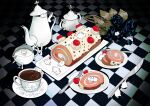  :3 black_flower black_petals black_rose butter_knife cake cake_slice cat checkered_floor cherry commentary creature crumbs cup eating english_commentary flower flying_sweatdrops food fork fruit knife meawbin milk no_humans on_food original petals plate rose swiss_roll tea teacup teapot woraya_chotikul 