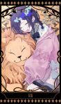  1girl :d aiba_uiha black_border black_bow black_bowtie border bow bowtie braid brown_background cable_knit card_(medium) cardigan closed_eyes commentary_request english_commentary english_text feet_out_of_frame hair_ornament highres kneeling lion long_hair miniskirt mixed-language_commentary nijisanji nizisharp5178 off_shoulder official_alternate_costume open_mouth pink_cardigan pink_skirt purple_hair roman_numeral shirt sidelocks skirt sleeves_past_wrists smile solo strength_(tarot) tarot tarot_(medium) virtual_youtuber white_shirt 