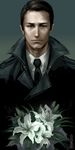  black black_hair copyright_request expressionless flower formal grey_background lily_(flower) lowres male_focus necktie solo suit takeda_sana 
