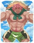  1boy abs armpit_hair artist_name bara beard_stubble blue_sky cloud commentary english_commentary facial_hair green_shorts hat highres jacket_around_neck looking_at_viewer male_focus milo_(pokemon) muscular muscular_male navel nipples no_shirt open_mouth pectorals pokemon pokemon_sword_and_shield shorts sky smile sparse_chest_hair straw_hat stubble sweat textless_version topless_male wet_ghost 