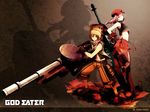  1girl alisa_ilinichina_amiella ass boots cabbie_hat fujiki_kouta god_eater god_eater_burst hat highres huge_weapon midriff official_art pantyhose plaid plaid_skirt skirt suspender_skirt suspenders thigh_boots thighhighs wallpaper weapon 