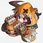 1girl ahoge animal_ear_hood arms_up asymmetrical_clothes biting blonde_hair blush brown_hair burger cheese commentary cropped_torso eating english_commentary fangs food food_in_mouth gauntlets gigi_murin gigi_murin_(1st_costume) grey_background hair_through_hood highres holding holding_burger holding_food hololive hololive_english hood hood_up hoodie lettuce looking_at_food multicolored_hair neratul no_nose onion_slice orange_hood orange_hoodie partially_shaded_face pink_eyes puffy_sleeves sesame_seeds short_hair sidelocks simple_background solo spiked_gauntlets tomato tomato_slice turbine twintails two-sided_hood two-tone_hair v-shaped_eyebrows virtual_youtuber zipper 