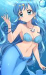  1girl air_bubble bare_shoulders bikini blue_eyes blue_hair blue_nails blush bracelet breasts bubble cleavage closed_mouth collarbone commentary cowboy_shot earrings groin hair_ornament hand_up highres houshou_hanon houshou_hanon_(mermaid) jewelry long_hair medium_breasts merfolk mermaid mermaid_melody_pichi_pichi_pitch monster_girl navel necklace paid_reward_available pearl_bracelet shell shell_bikini shell_necklace sidelocks skywalker0610 smile solo star_(symbol) star_earrings star_hair_ornament stomach swimsuit underwater 