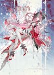  1girl absurdres bare_shoulders black_hair breasts cleavage clock closed_mouth colored_inner_hair commentary detached_sleeves dress english_text flower full_body gears hair_flower hair_ornament high_heels highres jewelry kelou long_hair looking_at_viewer medium_breasts multicolored_hair original pink_hair red_dress red_eyes red_flower red_ribbon red_shoes ribbon roman_numeral shoes sleeveless sleeveless_dress solo two-tone_hair very_long_hair white_dress 