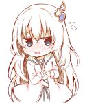 1girl 9-nine- blue_eyes blush brown_hair cardigan chibi chibi_only commentary_request cowboy_shot dress embarrassed eyes_visible_through_hair flying_sweatdrops furrowed_brow hair_between_eyes hair_ornament hakusen_academy_school_uniform index_fingers_together kujou_miyako long_hair long_sleeves looking_at_viewer mamoi nose_blush open_cardigan open_clothes open_mouth pink_cardigan school_uniform simple_background sketch solo tearing_up very_long_hair wavy_mouth white_background white_dress wing_hair_ornament 