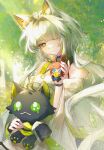  1girl amiya_(arknights) animal_ear_fluff animal_ears arknights bare_shoulders cat_ears cat_girl character_doll chinese_commentary closed_mouth commentary_request day doll dress green_background green_eyes grey_hair hair_over_one_eye highres holding holding_stuffed_toy kal'tsit_(arknights) kal'tsit_esperanta_(arknights) long_hair long_sleeves looking_at_viewer mon3tr_(arknights) outdoors qianheyian smile solo stuffed_animal stuffed_cat stuffed_toy sunlight tree white_dress 