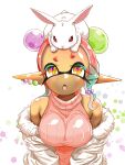  1girl alternate_breast_size_(larger) animal_on_head blonde_hair breasts closed_mouth colored_extremities colored_eyelashes commentary_request cross-shaped_pupils dango_earrings dark-skinned_female dark_skin earrings food-themed_earrings frye_(splatoon) frye_(springfest)_(splatoon) fur-trimmed_jacket fur_trim gradient_hair highres inkling jacket jewelry large_breasts long_pointy_ears long_sleeves looking_up multicolored_hair multiple_piercings off_shoulder on_head pentagon_(shape) pink_sweater pointy_ears purple_hair rabbit sequential_piercings sleeveless solo splatoon_(series) splatoon_3 sweater symbol-shaped_pupils t2ukmyjm turtleneck turtleneck_sweater white_background 