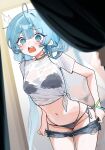 1girl 1other ahoge arahashi_tabi bikini black_bikini blue_eyes blue_hair blush breasts bright_pupils clothes_pull commentary dandandanholo denim denim_shorts dripping_eye dutch_angle grey_shorts highres leaning_forward lifting_own_clothes long_hair multi-strapped_bikini_bottom navel open_mouth out_of_frame pov raised_inner_eyebrows shirt short_shorts short_sleeves shorts shorts_pull side-tie_bikini_bottom solo_focus standing stellive stomach sweat swimsuit tied_shirt torn_clothes torn_shorts twintails undressing very_long_hair virtual_youtuber voyeurism wet wet_clothes wet_shirt white_pupils white_shirt wristband 