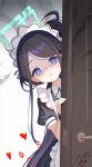  1girl absurdres apron aqua_halo aris_(blue_archive) aris_(maid)_(blue_archive) aura black_dress black_hair black_wrist_cuffs blue_archive blue_eyes commentary dark_aura doorway dress english_commentary frilled_apron frills halo heart highres long_hair looking_at_viewer maid_apron maid_headdress nyarnya official_alternate_costume open_mouth ponytail pov_doorway puffy_short_sleeves puffy_sleeves rectangular_halo revision shaded_face short_sleeves solo white_apron wrist_cuffs 