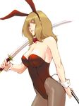  animal_ears brown_eyes brown_hair bunny_ears bunnysuit long_hair original pantyhose sankyou solo sword weapon 