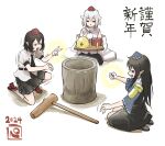  3girls animal_ears black_coat black_hair black_necktie black_shoes black_skirt blue_dress brown_hair coat collared_shirt commentary_request detached_sleeves dress floppy_ears frilled_skirt frills geta hat helmet high_collar highres iizunamaru_megumu inubashiri_momiji mallet multiple_girls necktie on_one_knee peroponesosu. pointy_ears pom_pom_(clothes) red_eyes red_hat red_shoes ribbon-trimmed_dress ribbon_trim rock_paper_scissors seiza shameimaru_aya shirt shoes sideways_glance sitting skirt sleeveless sleeveless_coat sleeveless_shirt sweatdrop tengu-geta tengu_family_of_gensokyo_(touhou) tokin_hat touhou translation_request white_background white_hair white_shirt wolf_ears wolf_girl yellow_helmet 