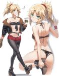  1girl ahoge alternate_costume ass back bare_arms bare_shoulders black_boots black_bra black_jacket black_panties black_pantyhose blonde_hair blush boots bra braid breasts choker closed_mouth collarbone commentary cropped_legs cup disposable_cup earrings fang fate/apocrypha fate/grand_order fate_(series) from_behind full_body green_eyes hair_ornament hair_scrunchie half_up_braid high-waist_shorts highres holding holding_cup jacket jewelry long_hair looking_at_viewer looking_back median_furrow mordred_(fate) multiple_views musical_note navel o-ring o-ring_choker open_clothes open_fly open_jacket panties pantyhose parted_bangs ponytail red_scrunchie revision scrunchie shiny_skin shirt shorts shoulder_blades sidelocks simple_background sleeveless sleeveless_shirt small_breasts smile spoken_musical_note standing standing_on_one_leg tonee underwear white_background 
