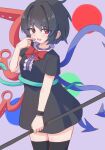  1girl absurdres asymmetrical_wings black_dress black_hair black_thighhighs blue_wings blush bow bowtie breasts buttons center_frills commentary cowboy_shot dress finger_to_cheek frills hair_intakes hand_up highres holding houjuu_nue legs_together looking_at_viewer nora_koutya open_mouth purple_background red_bow red_bowtie red_eyes red_wings short_hair short_sleeves simple_background small_breasts smile snake solo split_mouth standing thighhighs touhou white_background wings wristband zettai_ryouiki 