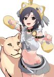  1girl :d animal belt black_belt black_collar black_eyes black_hair collar cowboy_shot cropped_shirt detached_sleeves fingernails grey_nails grey_sailor_collar grey_skirt hair_ornament hairclip heart heart_tattoo highres idolmaster idolmaster_(classic) idolmaster_million_live! idolmaster_million_live!_theater_days kikuchi_makoto lion looking_at_viewer miniskirt nail_polish navel open_mouth sailor_collar sailor_shirt shirt short_hair simple_background skirt sleeveless sleeveless_shirt smile soayo solo standing tattoo white_background white_belt white_shirt yellow_sleeves 
