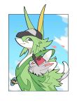  animal_focus animalization baseball_cap black_hat blue_sky border brown_eyes cherry_blossoms green_fur grey_eyes grey_fur hat highres hilbert_(pokemon) jewelry looking_at_another mieaowu minccino n_(pokemon) necklace no_humans pokemon pokemon_(creature) pokemon_black_and_white red_hat serperior simple_background sky upper_body white_border 
