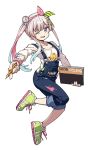  1girl airani_iofifteen airani_iofifteen_(1st_costume) armlet baggy_clothes blue_bow blue_hair blue_overalls bow breasts collarbone colored_shoe_soles commentary denim denim_overalls dot_nose dynamic_pose full_body gradient_hair green_hairband green_shoes hair_bow hair_bun hairband highres holding holding_pencil holding_sketchbook hololive hololive_indonesia jewelry leg_up long_hair long_sidelocks looking_at_viewer multicolored_hair multicolored_hairband multicolored_shoes nadrasu one_eye_closed outstretched_arm overalls paint_on_body paint_on_clothes paint_splatter paint_splatter_on_face paint_tube palette_hair_ornament palette_print pants pants_rolled_up parted_bangs pencil pink_hair pink_hairband pink_shoes polka_dot_hairband purple_eyes shoes side_ponytail side_up_bun sidelocks simple_background sketchbook small_breasts smile sneakers solo stitches striped_clothes striped_hairband sweater three-quarter_sleeves two-tone_shoes untranslatable_commentary virtual_youtuber white_background white_hair white_sweater 