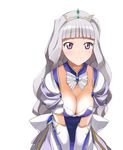  a1 absurdres bangs blunt_bangs breasts cleavage cosplay elbow_gloves feena_fam_earthlight feena_fam_earthlight_(cosplay) gloves highres idolmaster idolmaster_(classic) leaning_forward medium_breasts non-web_source purple_eyes shijou_takane silver_hair smile solo tiara v_arms yoake_mae_yori_ruri_iro_na 