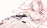  blonde_hair breasts cleavage closed_eyes gun hamada_youho handgun long_hair medium_breasts mk_22_pistol original pistol s&amp;w_m39 simple_background smile smith_&amp;_wesson solo strap_slip suppressor trigger_discipline weapon 