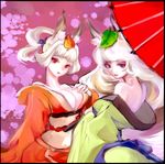  animal_ears bad_id bad_pixiv_id bare_shoulders blue_eyes border breast_suppress breasts cleavage deba fox_ears hair_up japanese_clothes kimono kongiku large_breasts leaf leaf_on_head long_hair looking_back multiple_girls oboro_muramasa off_shoulder oriental_umbrella red_eyes umbrella wavy_hair white_hair yuzuruha 