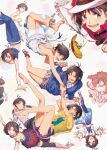  6+girls :d antenna_hair barefoot black_hair black_necktie blue_cardigan blue_dress blue_pants cardigan closed_mouth commentary_request cool_&amp;_sexy_(idolmaster) cosmo_girls_(idolmaster) dress feet grin hat highres holding_hands idolmaster idolmaster_(classic) idolmaster_1 idolmaster_platinum_stars idolmaster_sp idolmaster_stella_stage indigo_spangle_(idolmaster) interlocked_fingers jacket kikuchi_makoto mihen miracle_dance_hall_(idolmaster) multiple_girls multiple_persona necktie official_alternate_costume open_mouth pants print_dress purple_shorts see-through_clothes see-through_jacket short_hair shorts smile sparkle_print sun_hat white_dress white_hat yellow_jacket 
