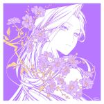  1girl border branch chinese_commentary closed_mouth commentary_request flower from_behind highres leaf long_hair looking_at_viewer looking_back luye_(the_legend_of_luoxiaohei) monochrome mu_(1729032449) purple_background purple_flower purple_theme signature solo the_legend_of_luo_xiaohei upper_body white_border 