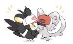  animal_focus animalization baseball_cap black_fur black_hair closed_eyes emolga flying_squirrel full_body grey_fur hat highres hilbert_(pokemon) hilda_(pokemon) holding_hands looking_at_another mieaowu minccino no_humans pawpads plant pokemon pokemon_(creature) pokemon_black_and_white pokemon_focus red_hat simple_background squirrel standing white_background white_hat 