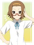  bespectacled brown_eyes brown_hair face glasses hairband ikari_manatsu k-on! looking_at_viewer nodoka_glasses red-framed_eyewear school_uniform semi-rimless_eyewear short_hair solo tainaka_ritsu under-rim_eyewear 