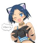  a1 animal_ears blue_eyes blue_hair blush_stickers cat_ears collar controller fang game_console game_controller hair_ornament hairclip highres ikeda_kana midriff non-web_source one_eye_closed saki short_hair simple_background smile solo suspenders xbox_360 